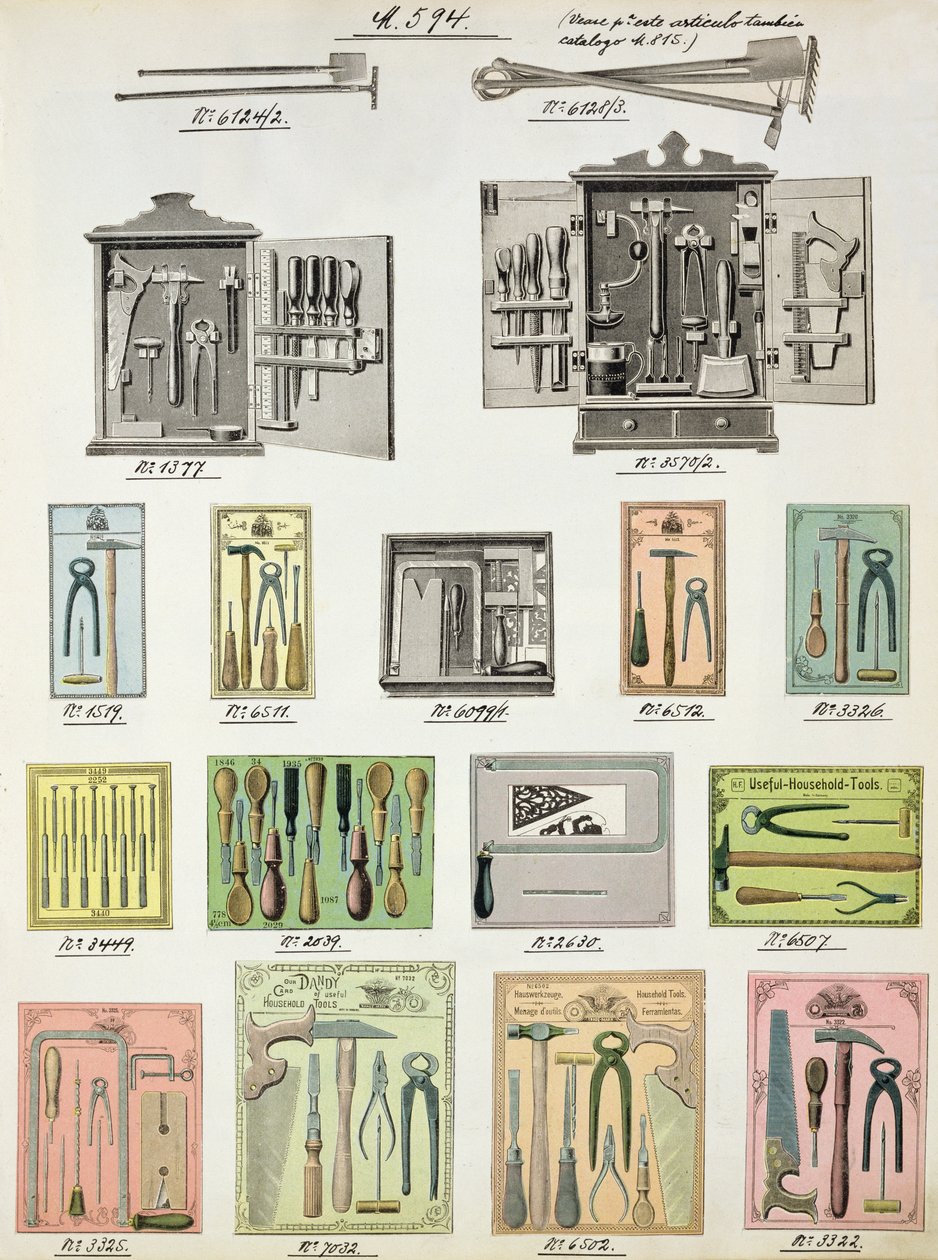 Ferramentas e caixas de ferramentas de um catálogo de artigos domésticos e acessórios, c.1890-1910 de English School