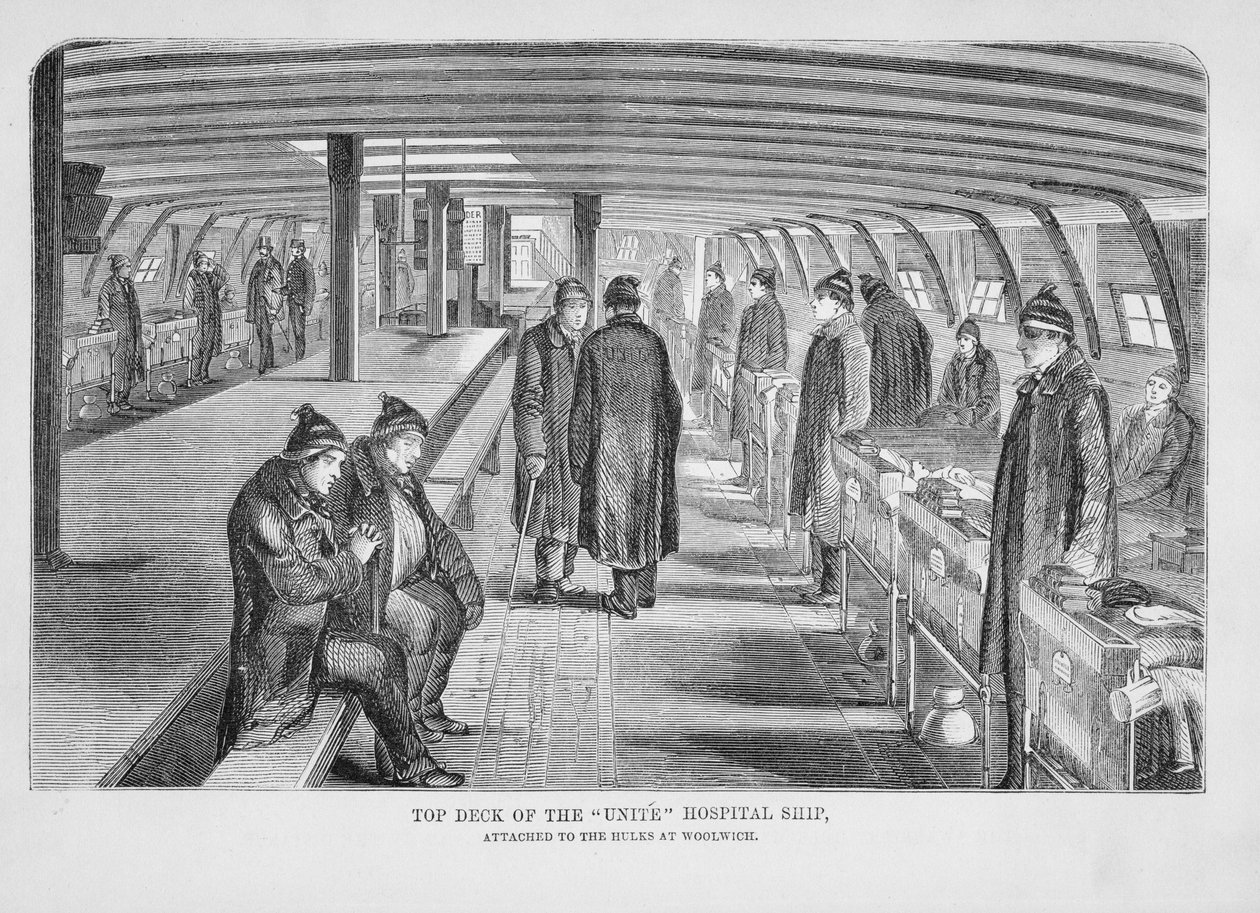 Top Deck do navio-hospital Unite anexado ao Hulks em Woolwich, de The Criminal Prisons of London e Scenes of Prison Life, por Henry Mayhew (1812-1887) e John Binny, 1862 de English School