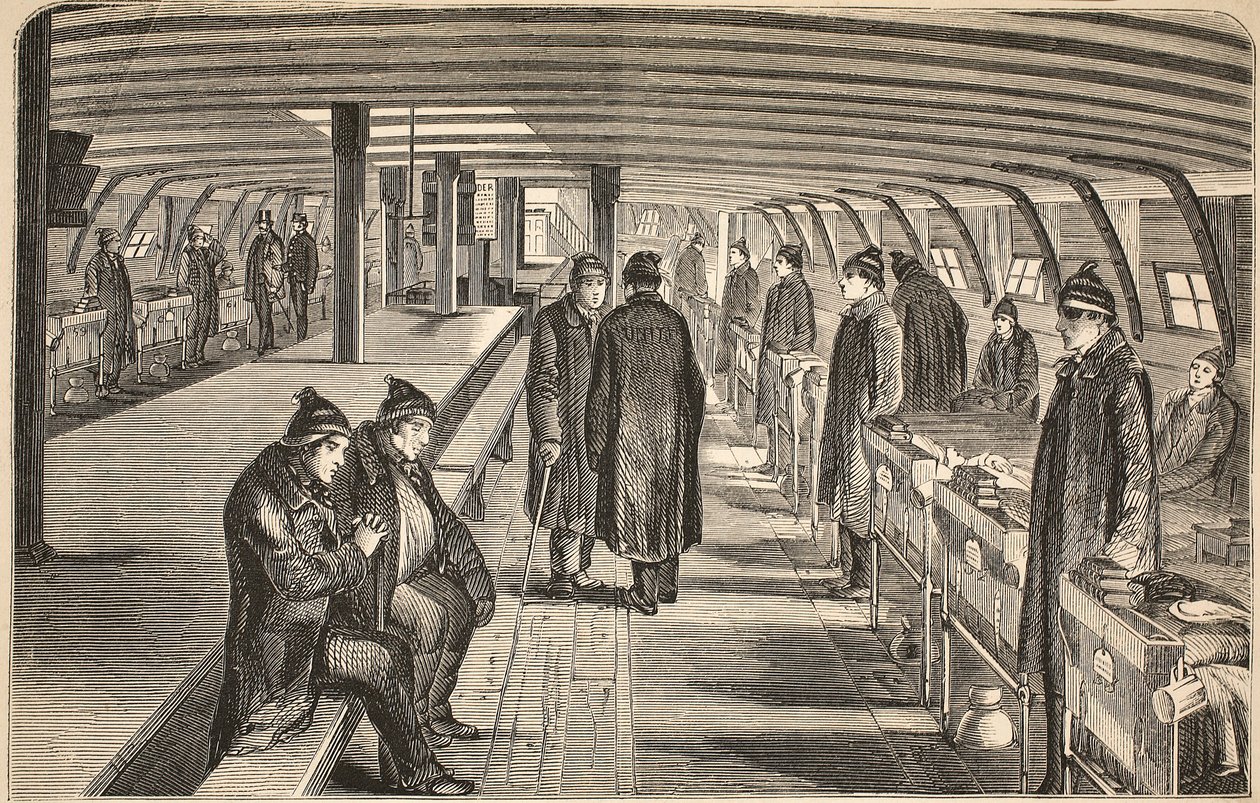 Plataforma superior do navio de hospital de Unite, unido aos hulks em Woolwich, ilustração das prisões criminosas de Londres e cenas da vida da prisão por Henry Mayhew e por John Binny, bar. 1862 (engravin de English School