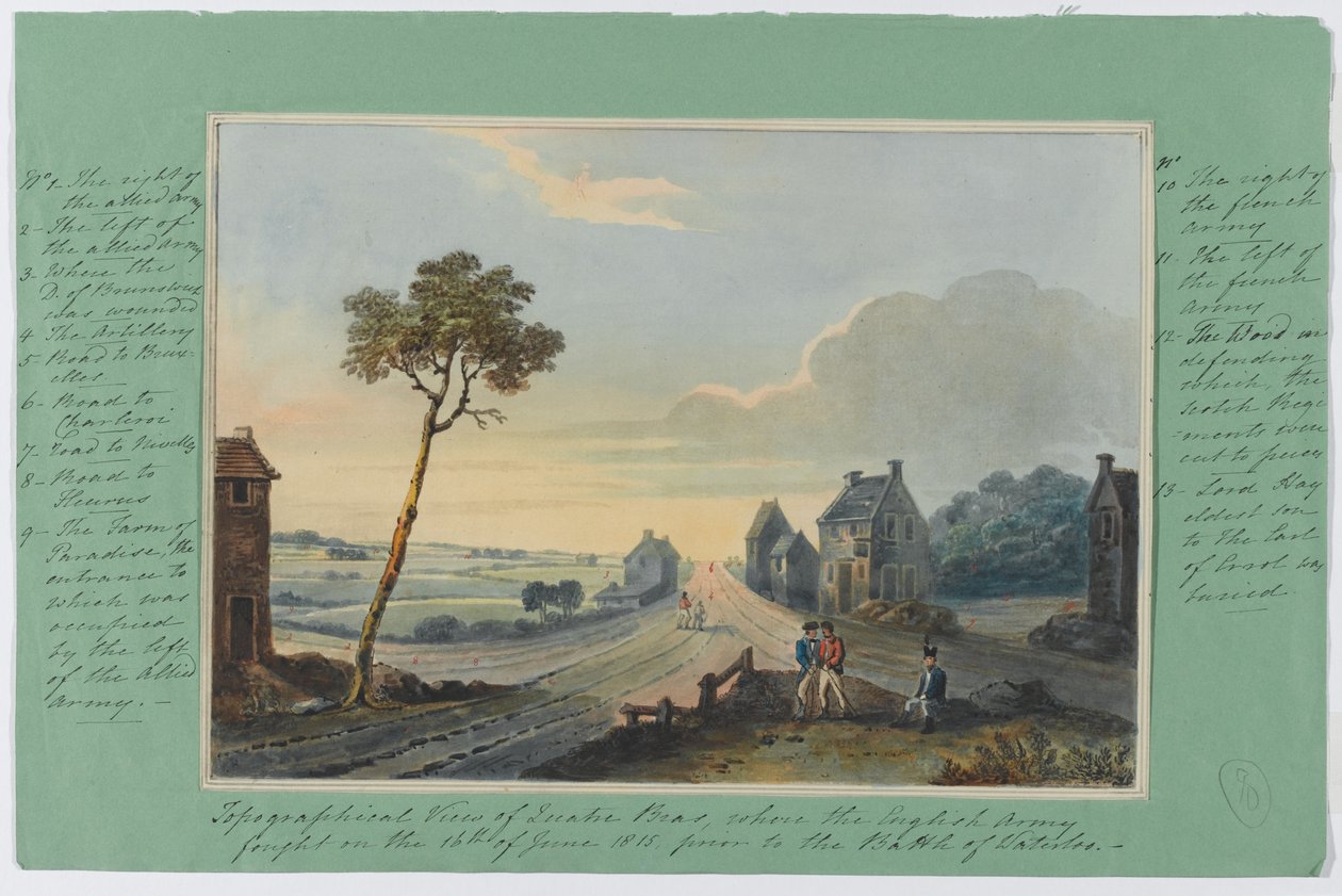 Vista topográfica de Quatre Bras, onde o exército inglês lutou no dia 16 de junho de 1815 antes da Batalha de Waterloo, c.1815 (wc no papel) de English School