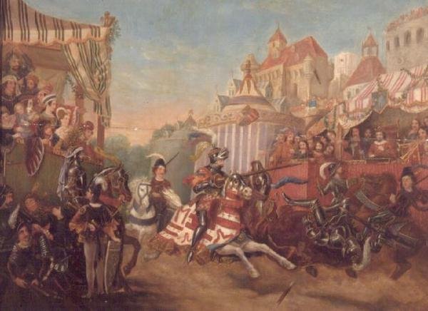 Torneio em Calais, em 1416, representando Richard, Conde de Warwick, destravando Collard Fynes (painel) de English School