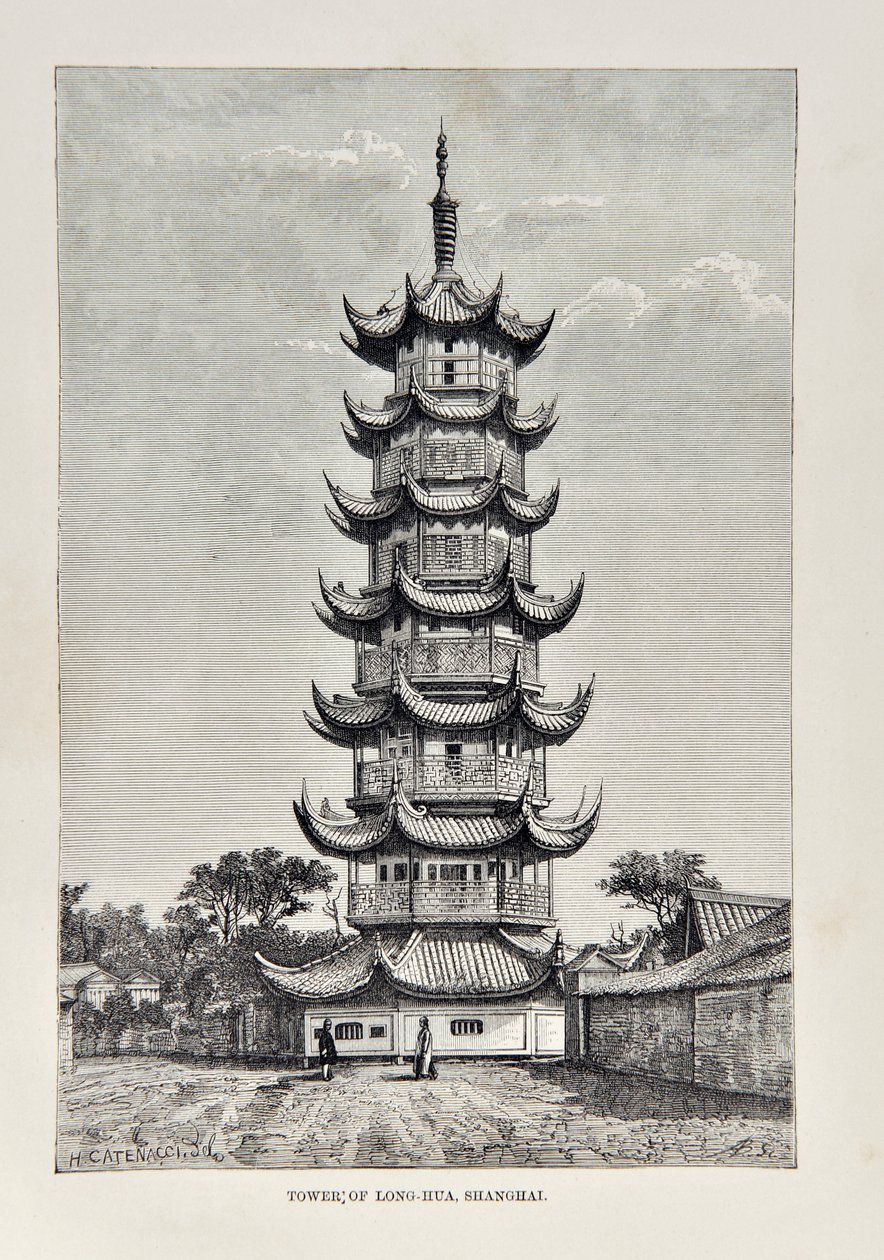 Torre de Long Hua, Xangai, ilustração da Geografia Universal, a Terra e seus habitantes, publicada em 1878 de English School