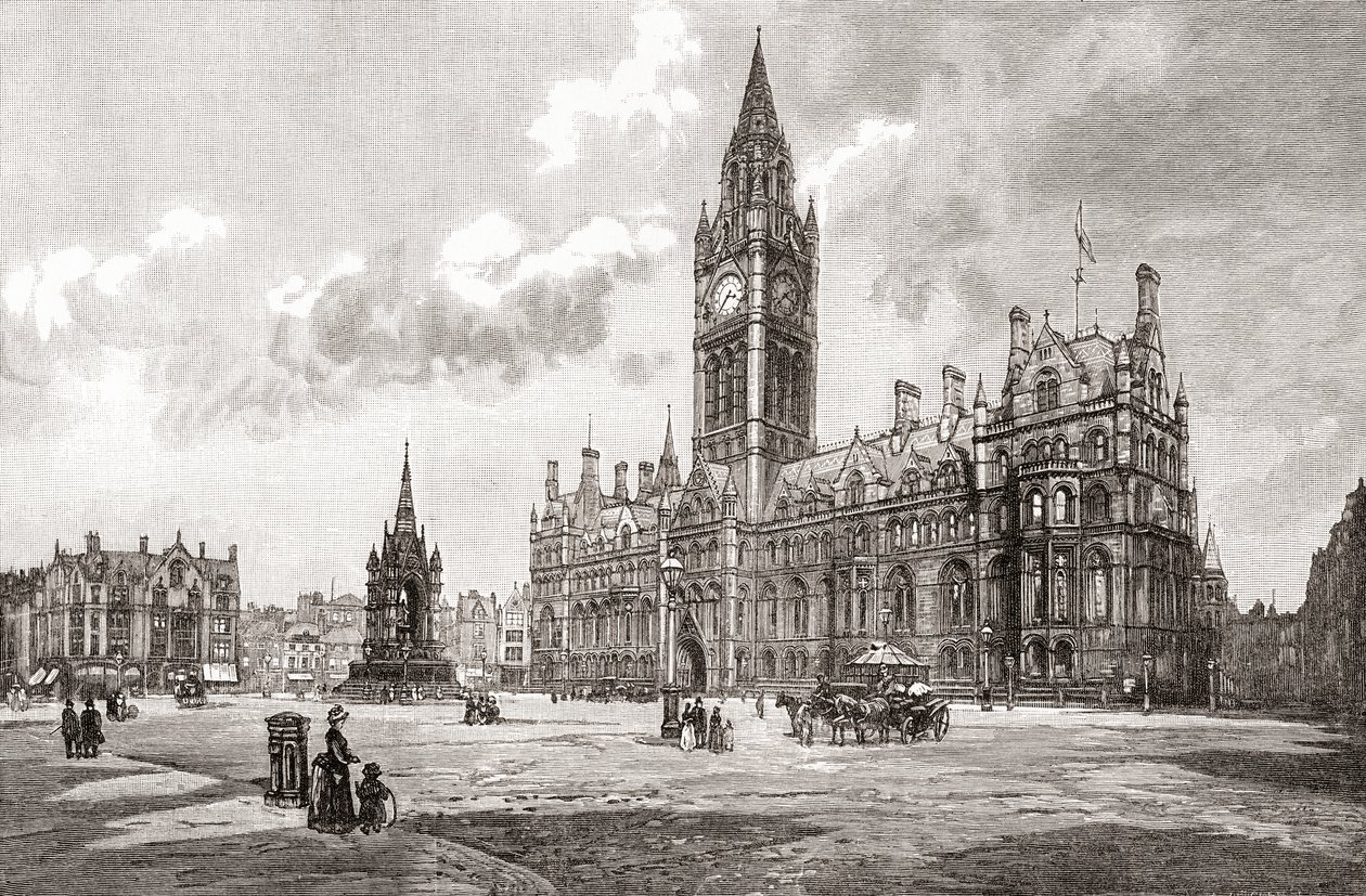Câmara Municipal, Albert Square, Manchester, de "Cities of the World", publicado em c.1893 (gravura) de English School