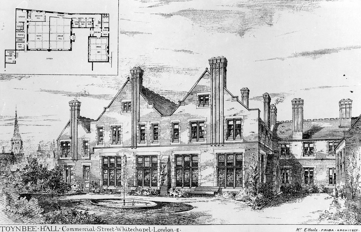 Toynbee Hall, ilustração do The Builder, 14 de fevereiro de 1885 de English School