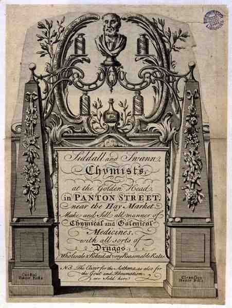 Cartão comercial para Siddall e Swann, Chemists, no Golden Head, Panton Street, Londres (gravura) de English School