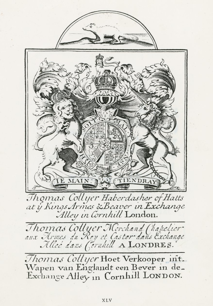 Cartão comercial para Thomas Collyer, Cornhill Haberdasher de English School