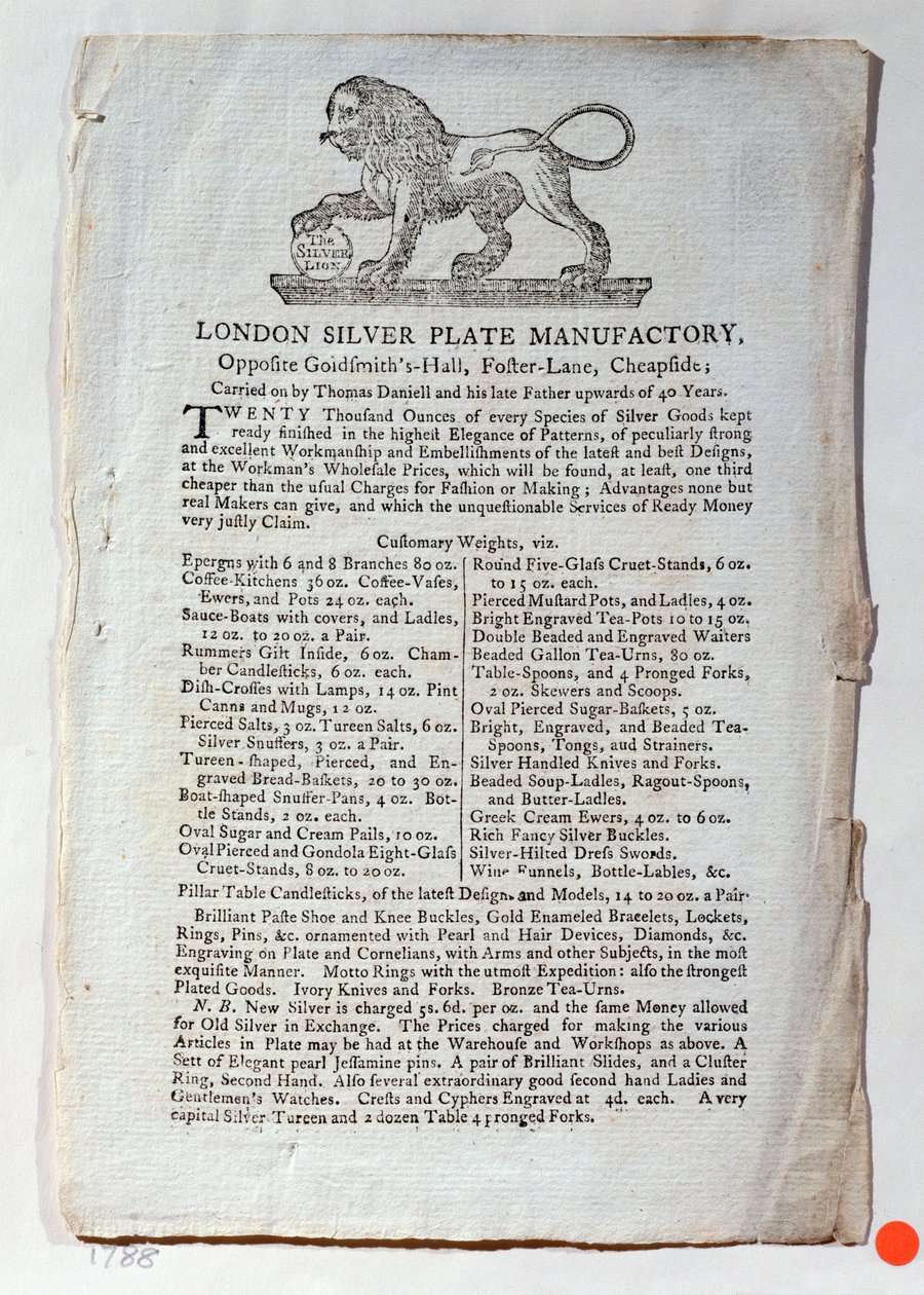Cartão de comércio para o London Silver Plate Manufactory, 1788 de English School
