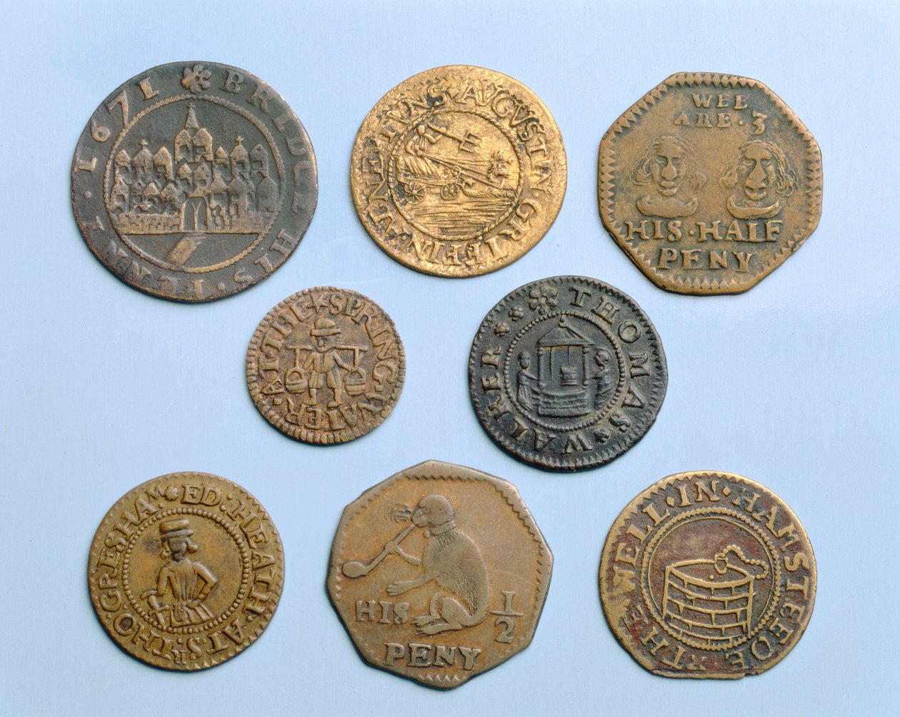 Tokens de comércio encontrados no rio Tâmisa de English School