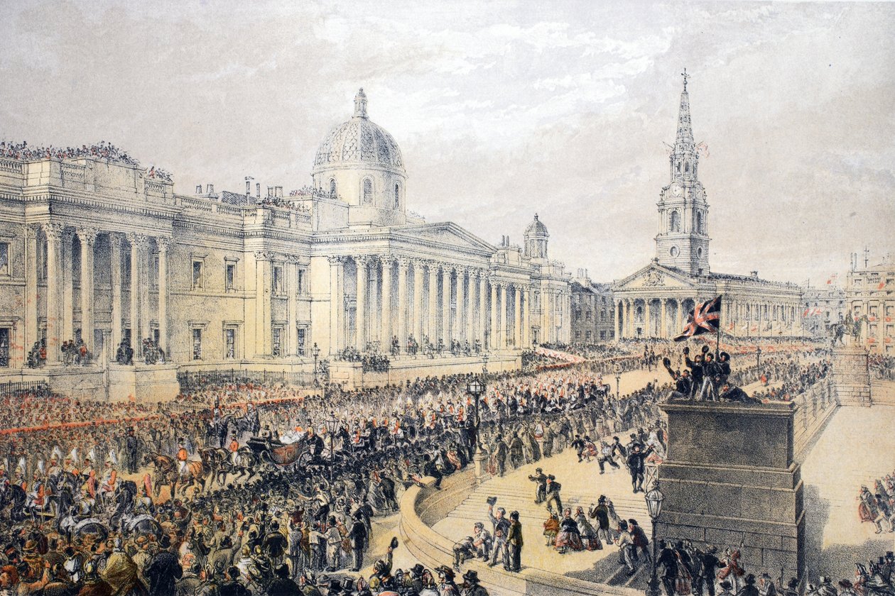 Trafalgar Square, de um memorial do casamento de Edward VII e Alexandra da Dinamarca, pub. 1864 de English School