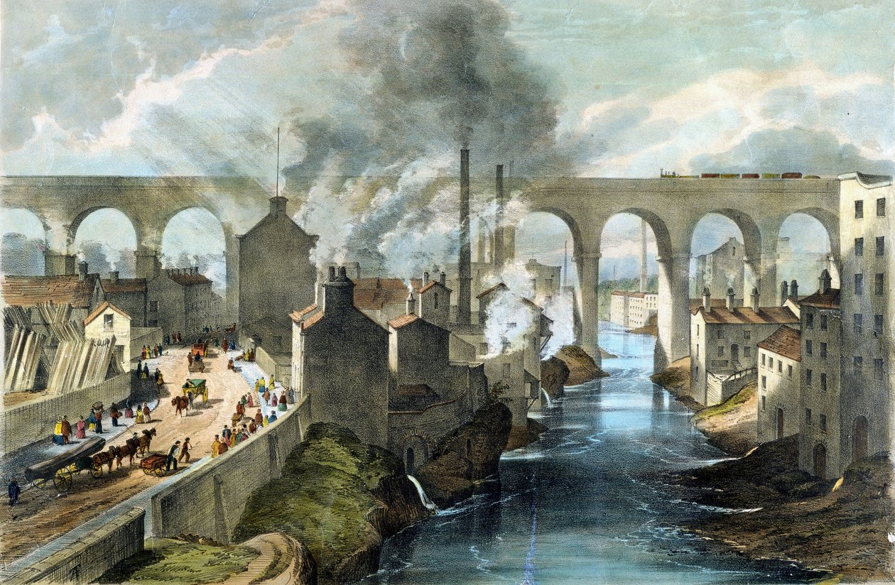 Comboio a atravessar o viaduto de Stockport na London  North Western Railway, c.1845 (litografia a cores) de English School