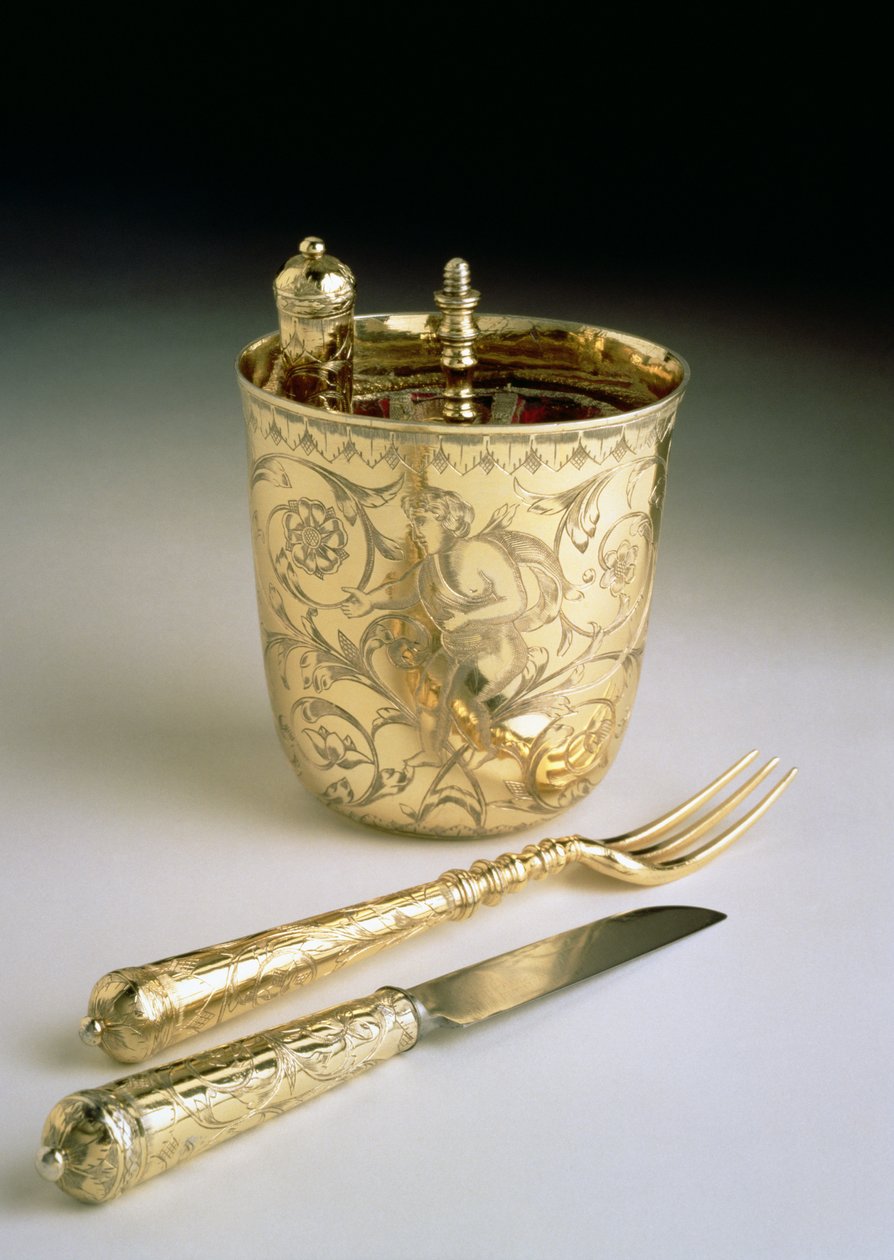 Conjunto de viagem de uma faca, garfo, colher e copo, c.1690 (prata) de English School