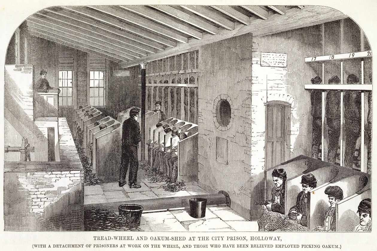 Tread-Wheel e Oakum-Shed na prisão da cidade, Holloway, das prisões penais de Londres e cenas de vida na prisão por Henry Mayhew (1812-1887) e John Binny, 1862 de English School