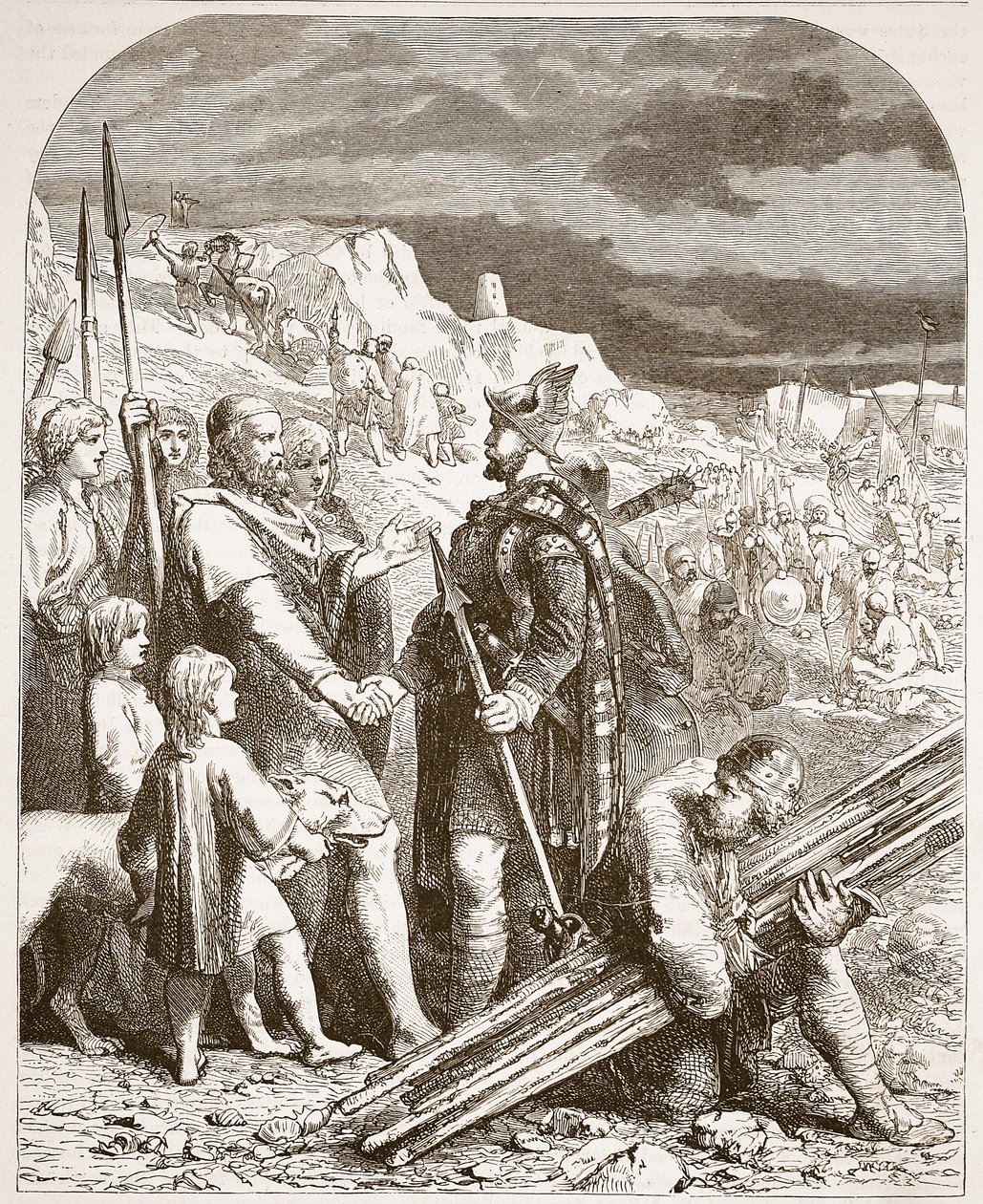 Tratado de Hengist e Horsa com Vortigen, ilustração de História ilustrada de Cassells da Inglaterra (foto sépia) de English School