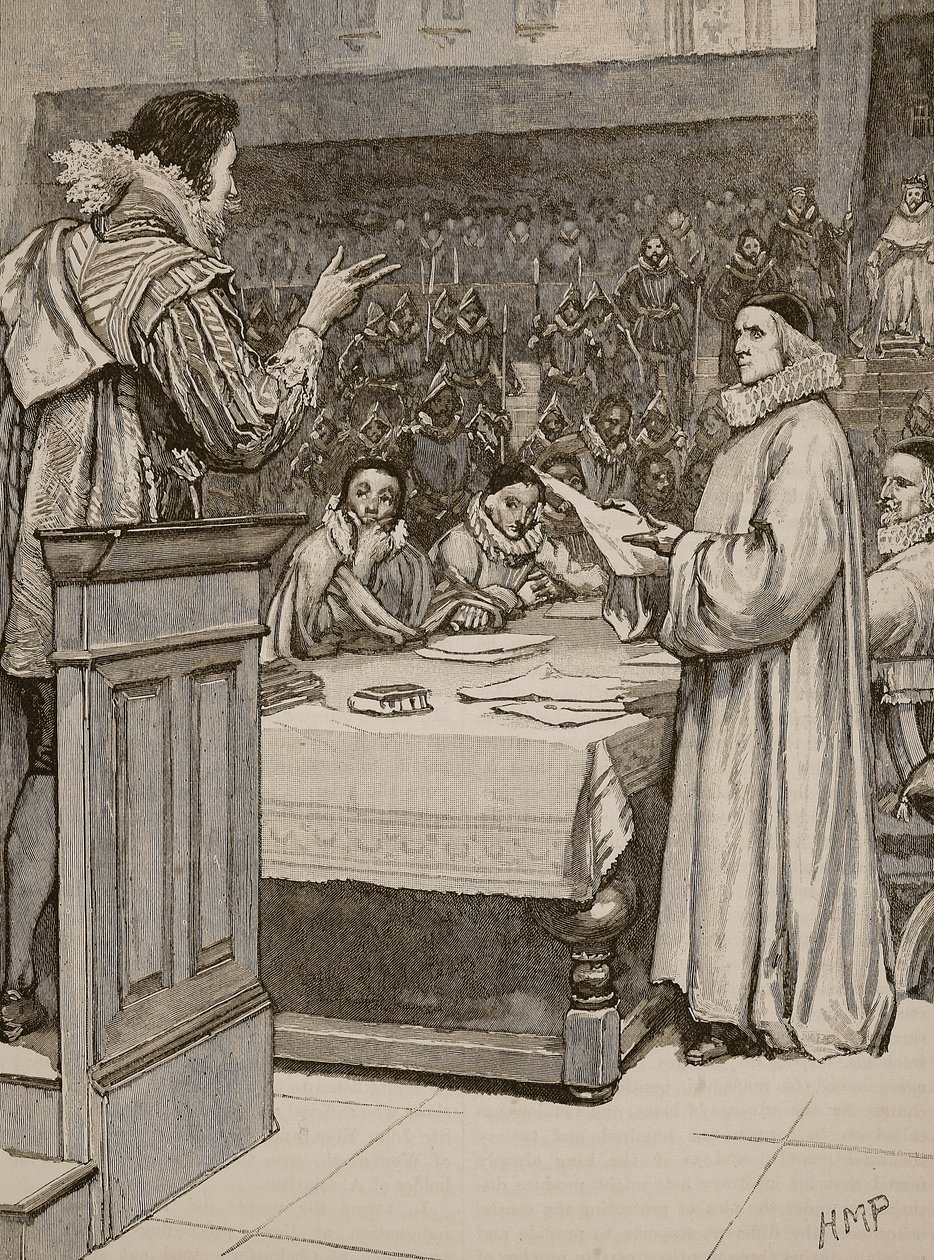 Julgamento de Buckingham, ilustração da história ilustrada de Cassells da Inglaterra (foto sépia) de English School