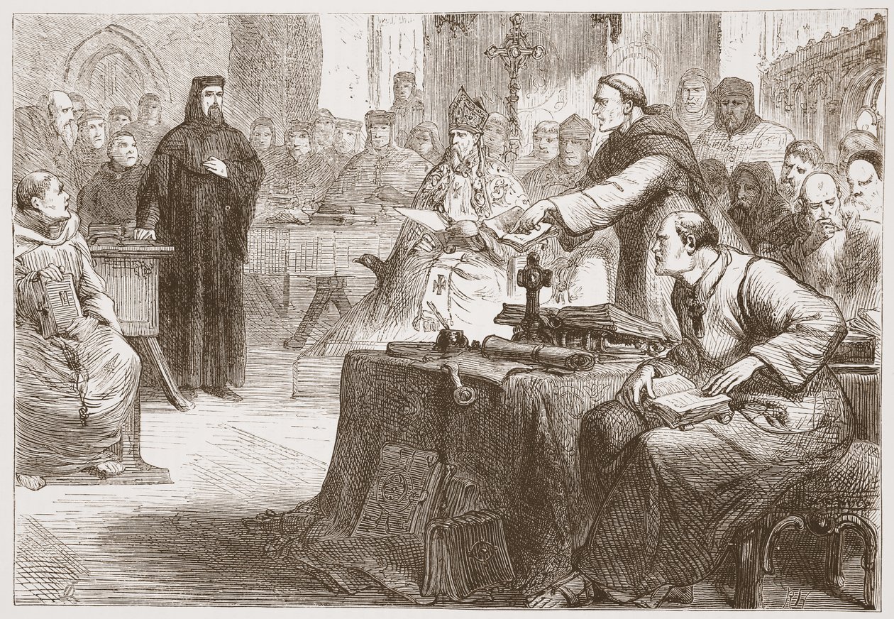 Julgamento de Wicliffe, ilustração da História do Protestantismo por James Aitken Wylie (1808-1890), pub. 1878 de English School