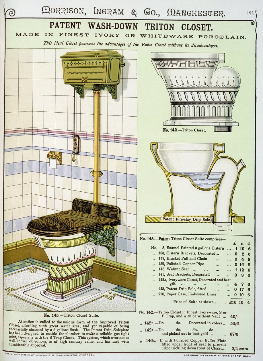 Triton Closet de um catálogo de artigos sanitários produzidos por Morrison, Ingram & Co., Manchester, publicado c.1890 de English School