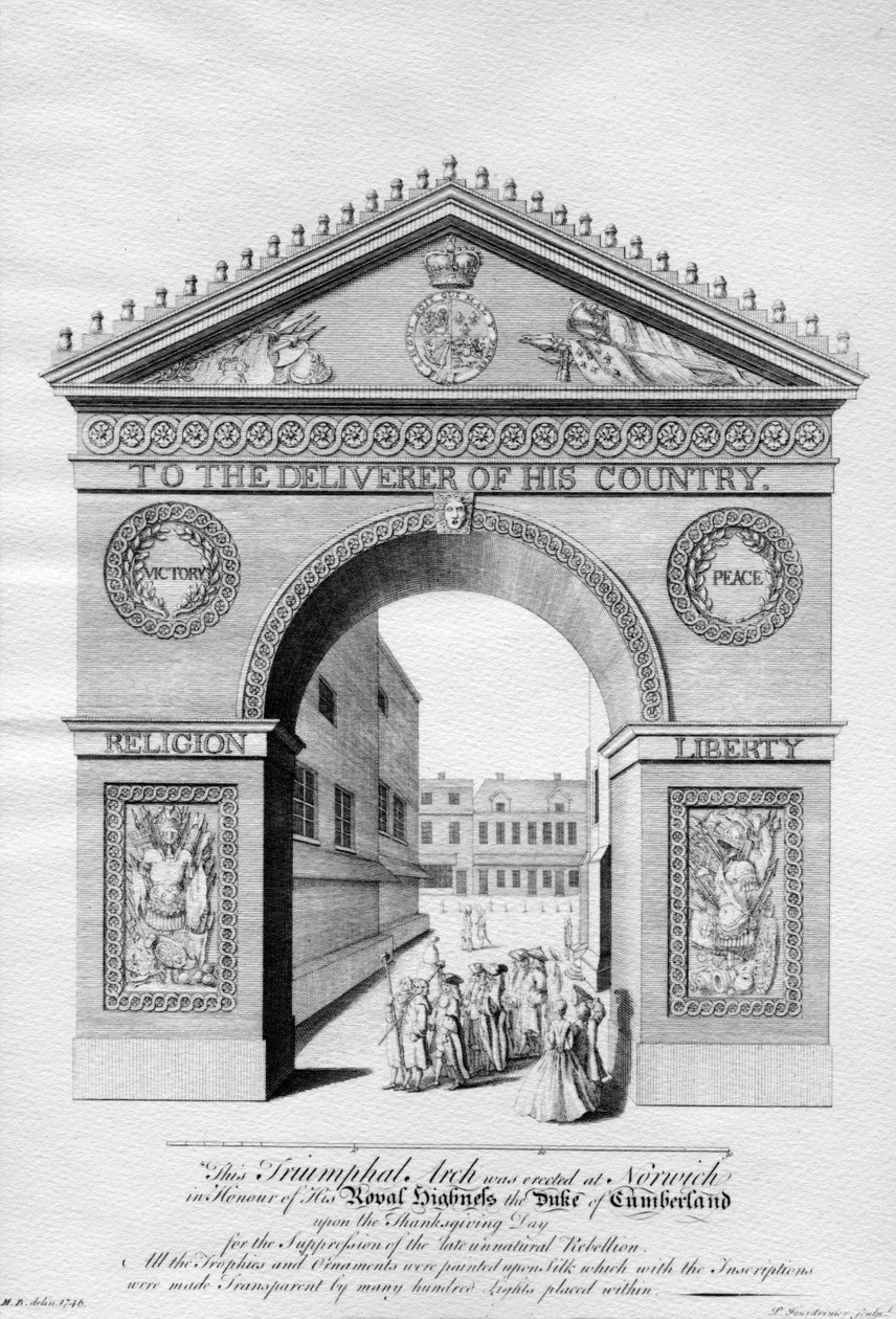 Arco triunfal erigido em Norwich em homenagem ao duque de Cumberland, gravado por Paul Fourdrinier, 1746 de English School