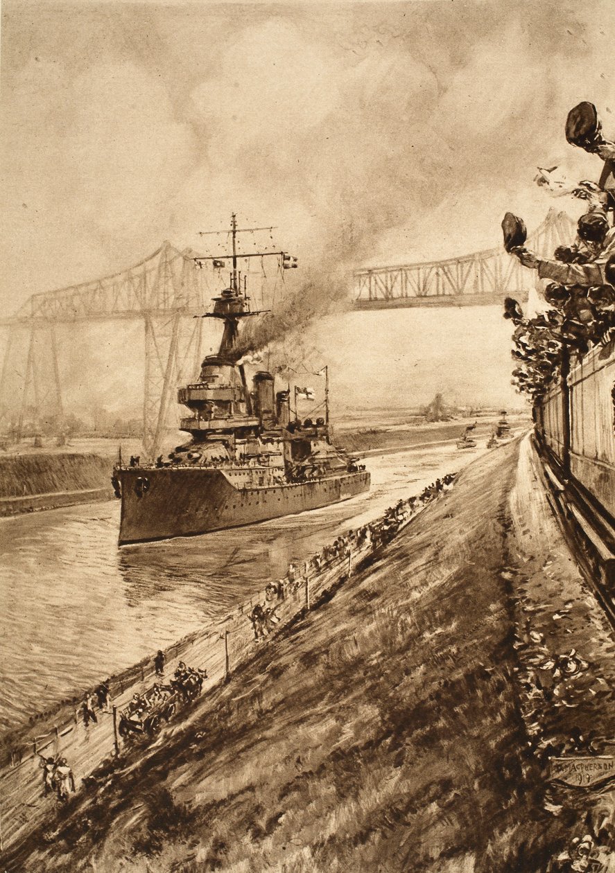 Prova triunfal da supremacia naval da Grã-Bretanha: HMS Hercules passando pelo Canal de Kiel, 1914-19 de English School