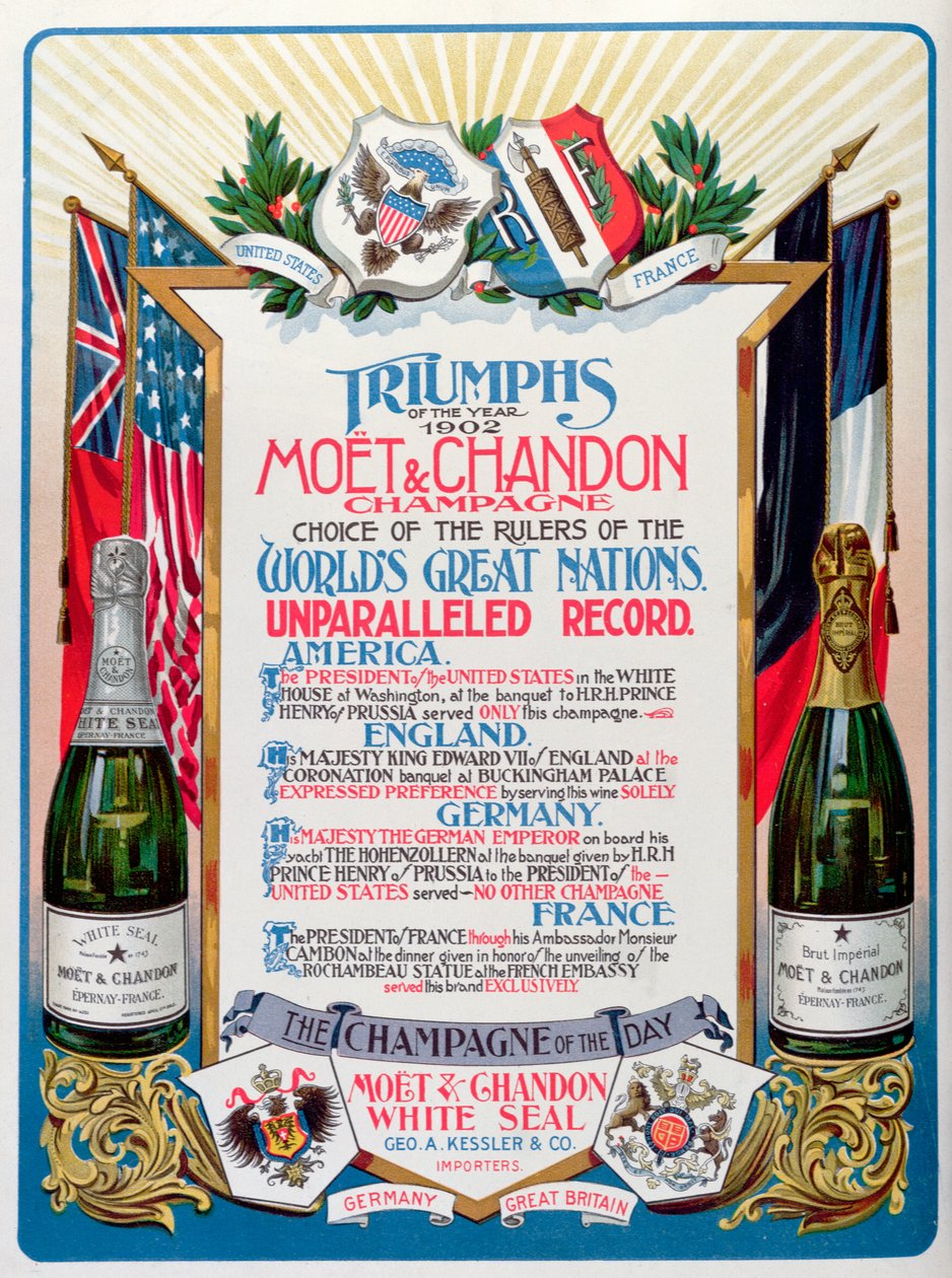 "Triunfos do Ano 1902, Champanhe Moet  Chandon, Escolha dos Governantes das Grandes Nações do Mundo", anúncio na revista "The Theatre de English School