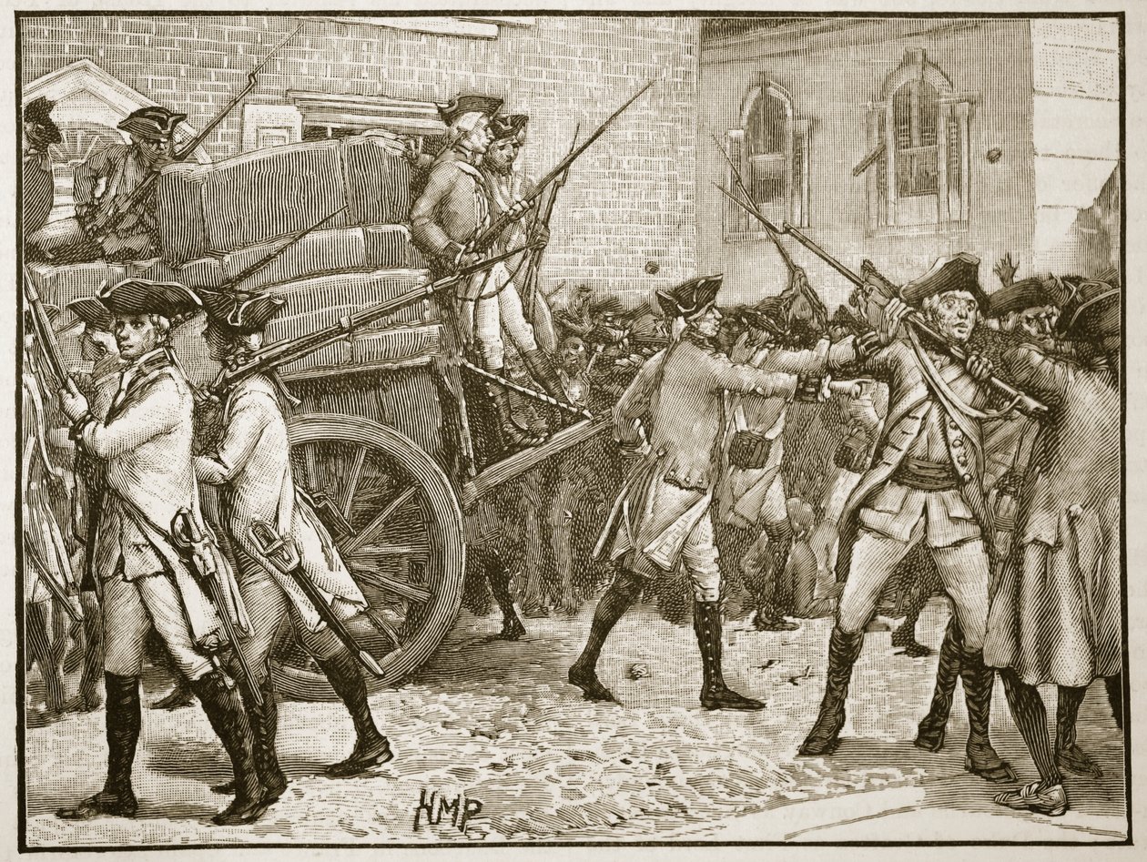 Tropas escoltando o papel carimbado para a Prefeitura, Nova York, 1766, ilustração da história ilustrada de Cassells da Inglaterra (foto sépia) de English School