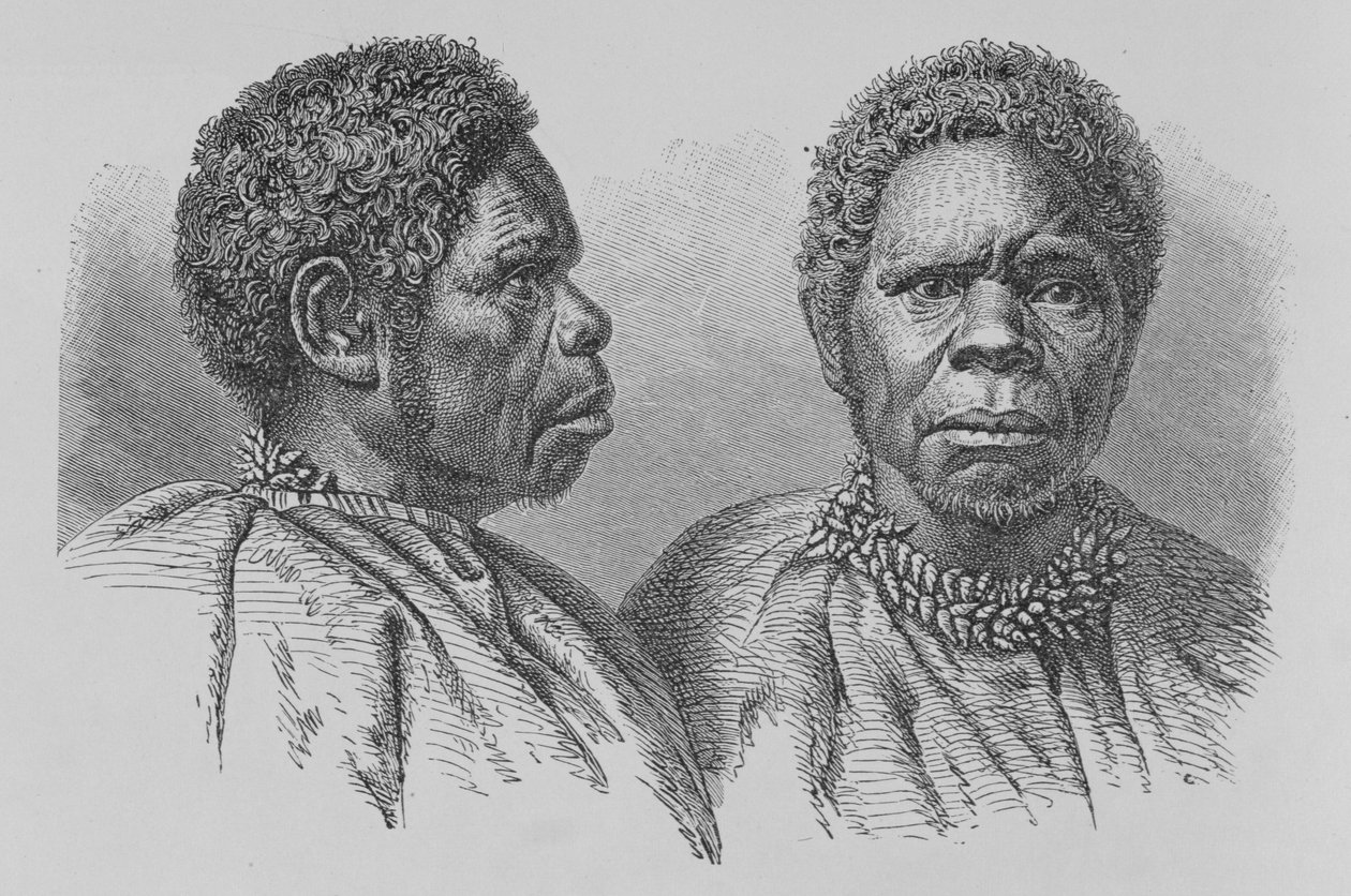 Truganina, a última mulher da Tasmânia, de "A História da Humanidade", Vol. 1, do Prof. Friedrich Ratzel, 1896 (gravura) de English School