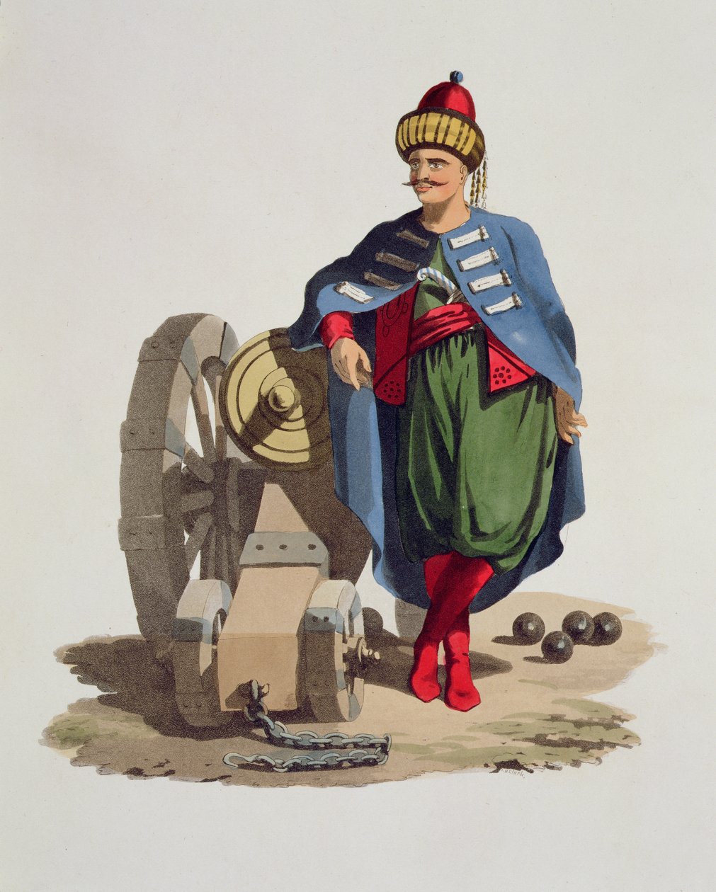 Soldado turco, de trajes das várias nações, volume VII, o traje militar da Turquia, por Thomas MacLean, publicado c.1800-18 (aquatinta colorida à mão) de English School