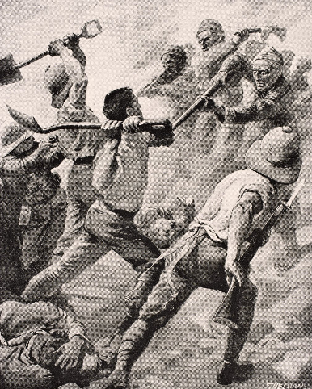 Soldados turcos e britânicos em combate corpo-a-corpo na Península de Gallipoli na Turquia em 1915, de &39;The War Illustrated Album deLuxe&39;, publicado em Londres, 1916 de English School
