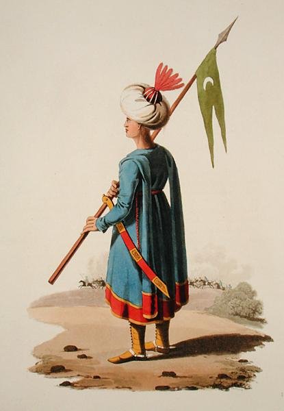 Soldado turco, de "Costumes das Várias Nações", Volume VII, "O Traje Militar da Turquia", de Thomas MacLean, publicado c.1800-18 (aquatint colorido à mão) de English School