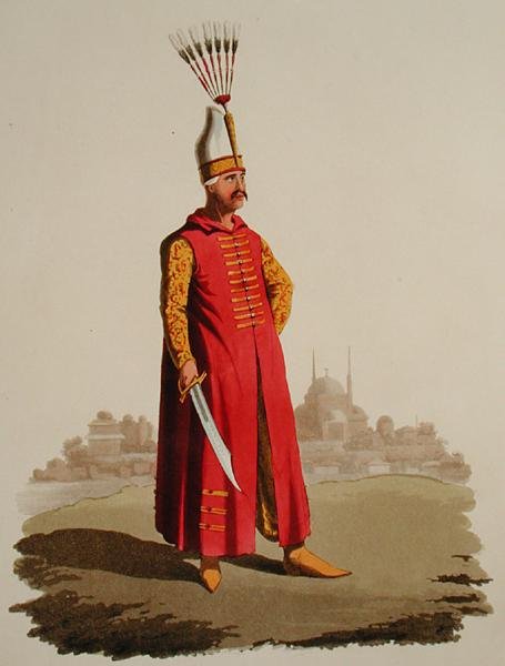 Guerreiro turco, de "Costumes das Várias Nações", Volume VII, "O Traje Militar da Turquia", de Thomas MacLean, publicado c.1800-18 (aquatint colorido à mão) de English School