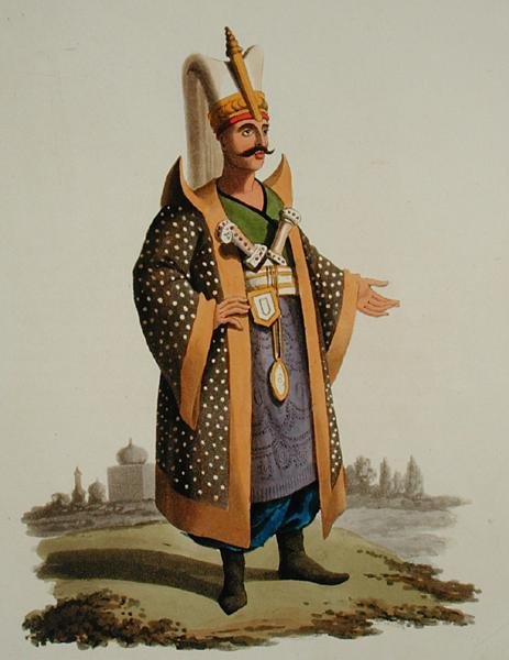 Guerreiro turco, de "Costumes das Várias Nações", Volume VII, "O Traje Militar da Turquia", de Thomas MacLean, publicado c.1800-18 (aquatint colorido à mão) de English School