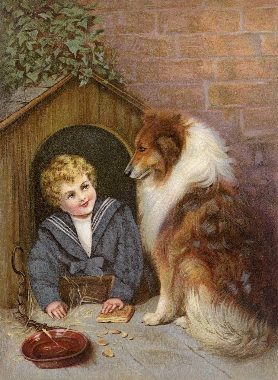 Turned Out - Rapaz a fingir que é um cão Collie (litografia a cores) de English School