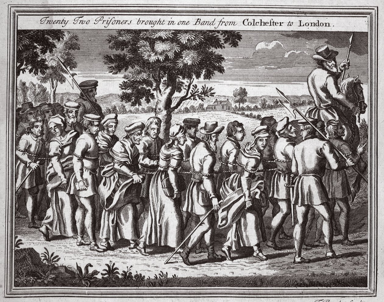 Vinte e dois prisioneiros trouxeram uma banda de Colchester para Londres, ilustração da Foxes Martyrs c.1703 de English School