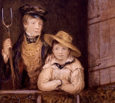 Dois Garotos na Porta de um Celeiro, c.1825 (aquarela sobre papel) de English School