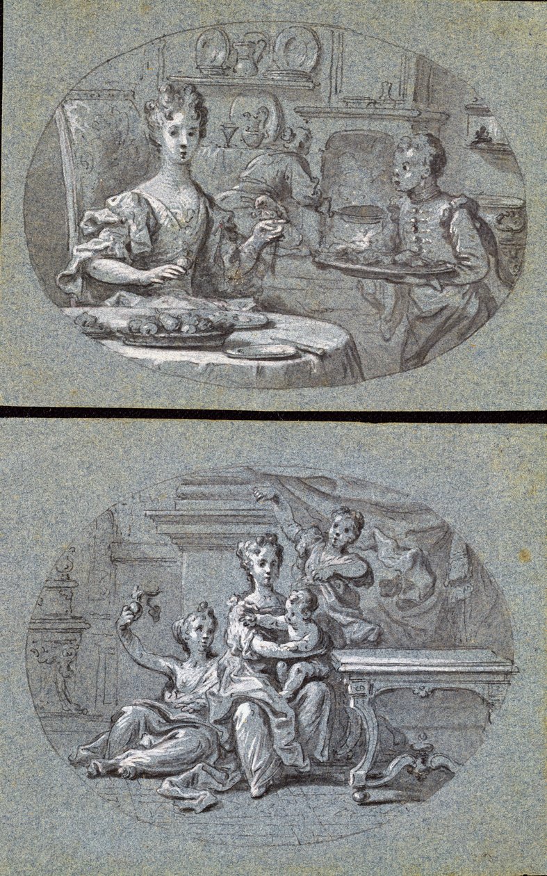 Duas cenas domésticas, c.1725 (giz preto e branco em papel azul) de English School