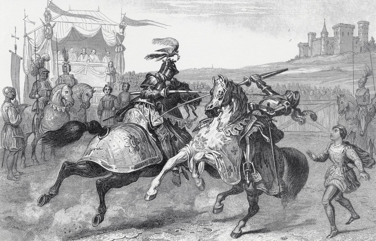 Dois Cavaleiros Jousting em um torneio na Alemanha de English School