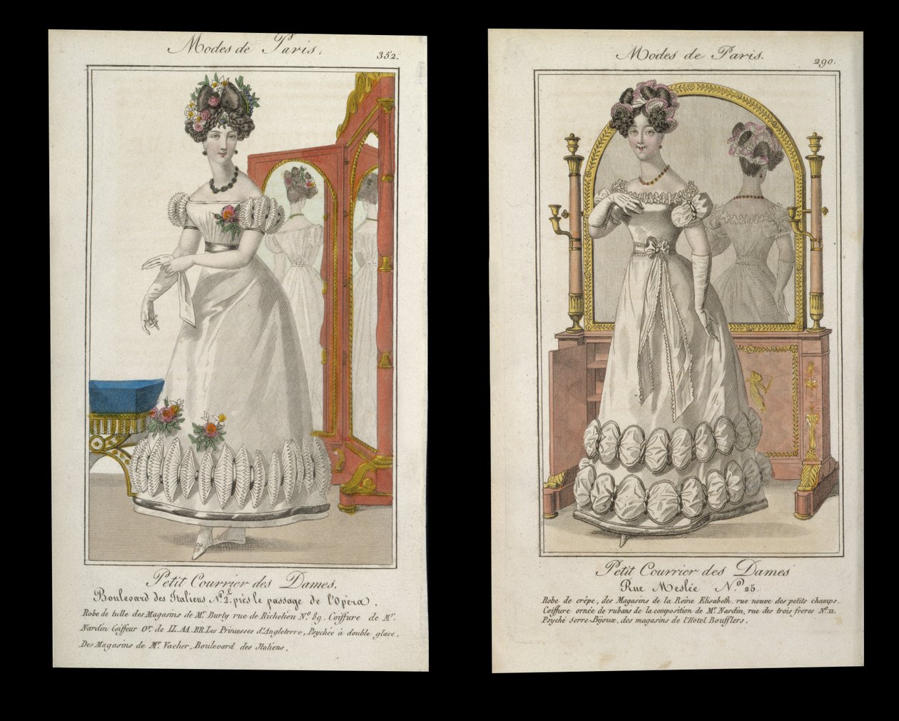 Dois pratos de moda das senhoras em vestido de noite, propagandas de Modes de Paris, c.1825 de English School