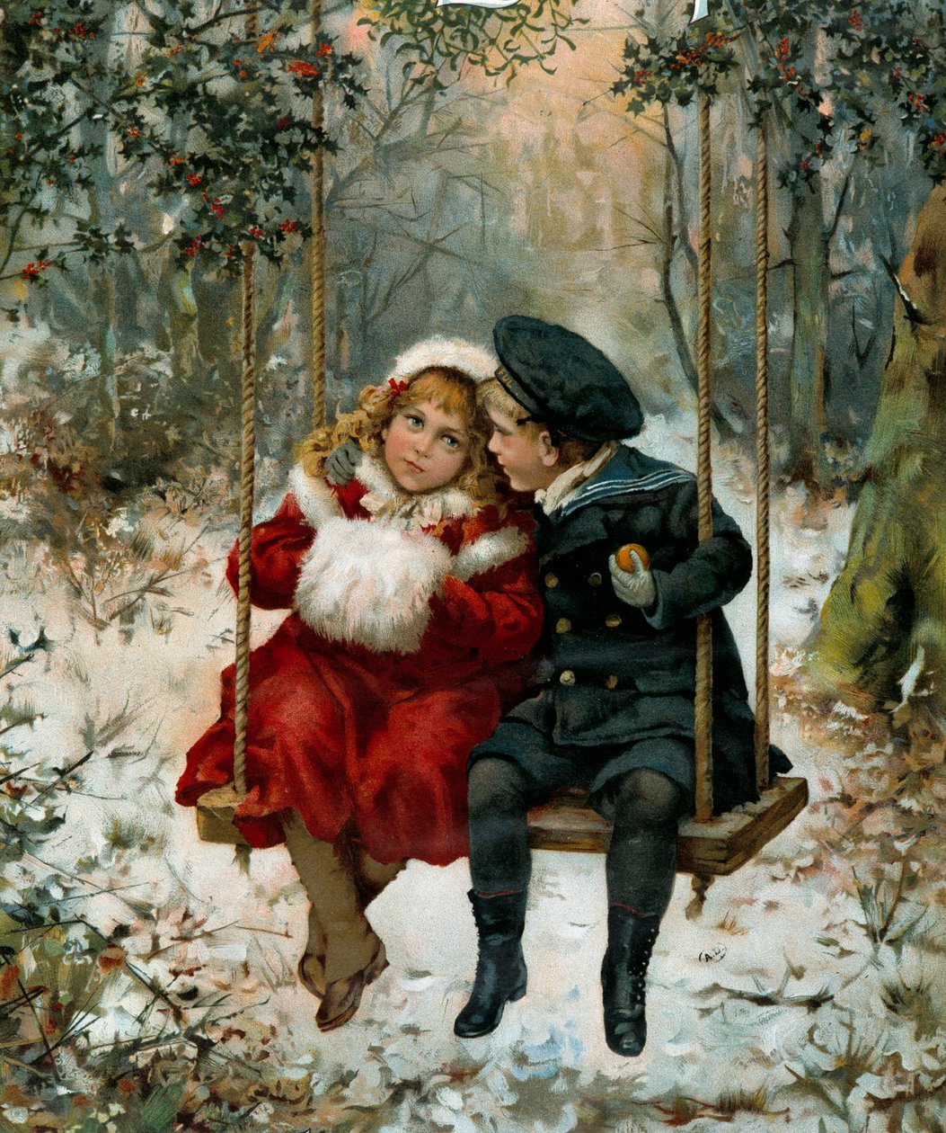 Duas crianças num baloiço. O rapazinho veste um fato de marinheiro e a rapariga um muff. Capa de Natal de 1905 "Illustrated London news". Paris, Artes Decorativas de English School