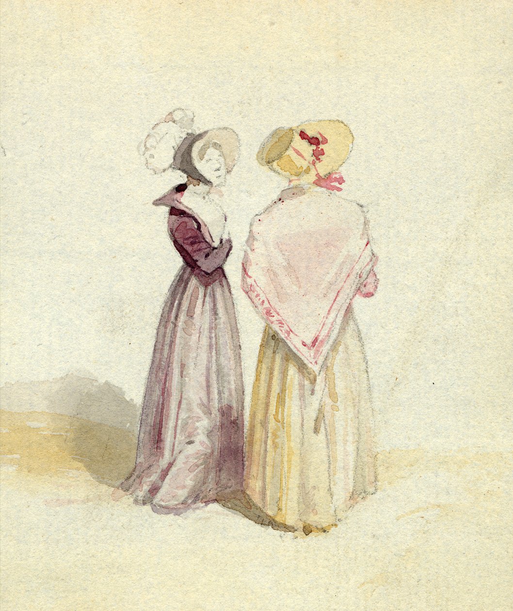 Duas mulheres em capotas, c.1825 (wc no papel) de English School