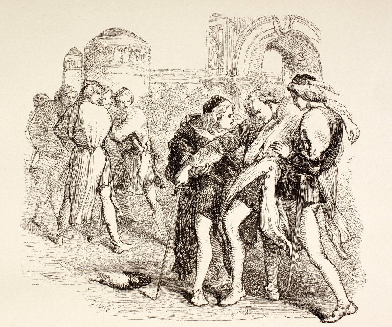 Tybalt é fatalmente ferido por Romeo, ilustração de Romeu e Julieta, de "The Illustrated Library Shakespeare", publicado em Londres em 1890. de English School