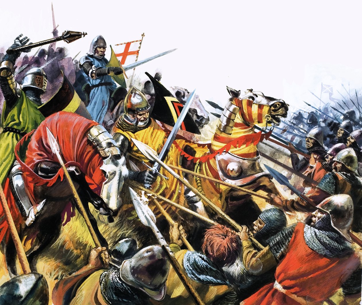 Cena de batalha não identificada com cavalos de cavalaria blindados utilizados contra inimigos com lanças de English School