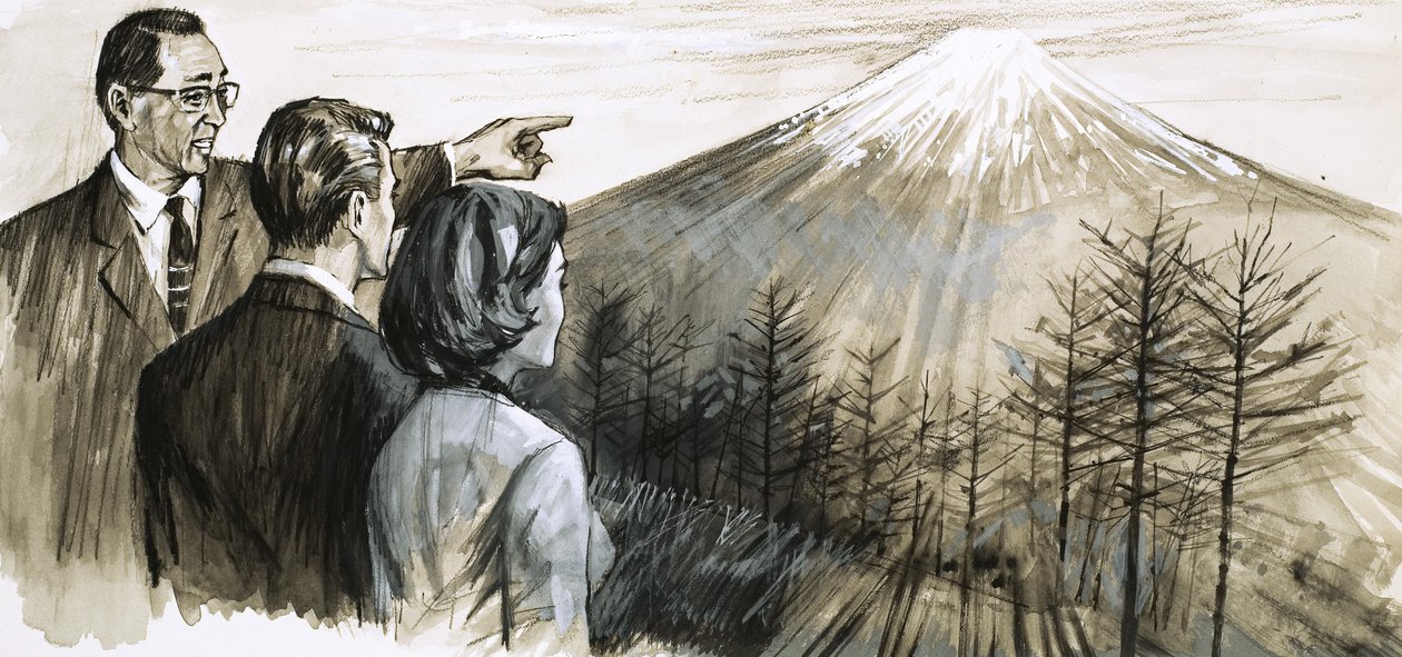 Homem não identificado a apontar para o Monte Fuji no Japão de English School