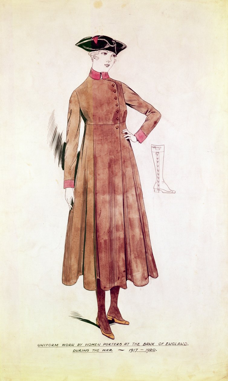 Uniforme usado por carregadores de mulheres no Bank of England 1917-20 (caneta e tinta com wc no papel) de English School