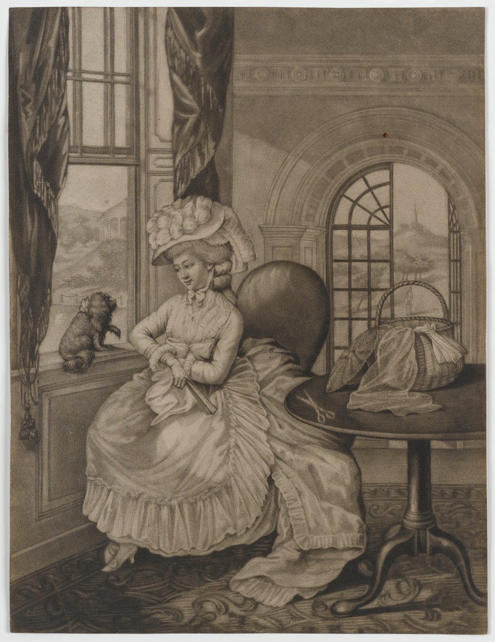 Sem título (mulher sentada na janela de um cachorro pequeno), c.1780 (mezzotint) de English School