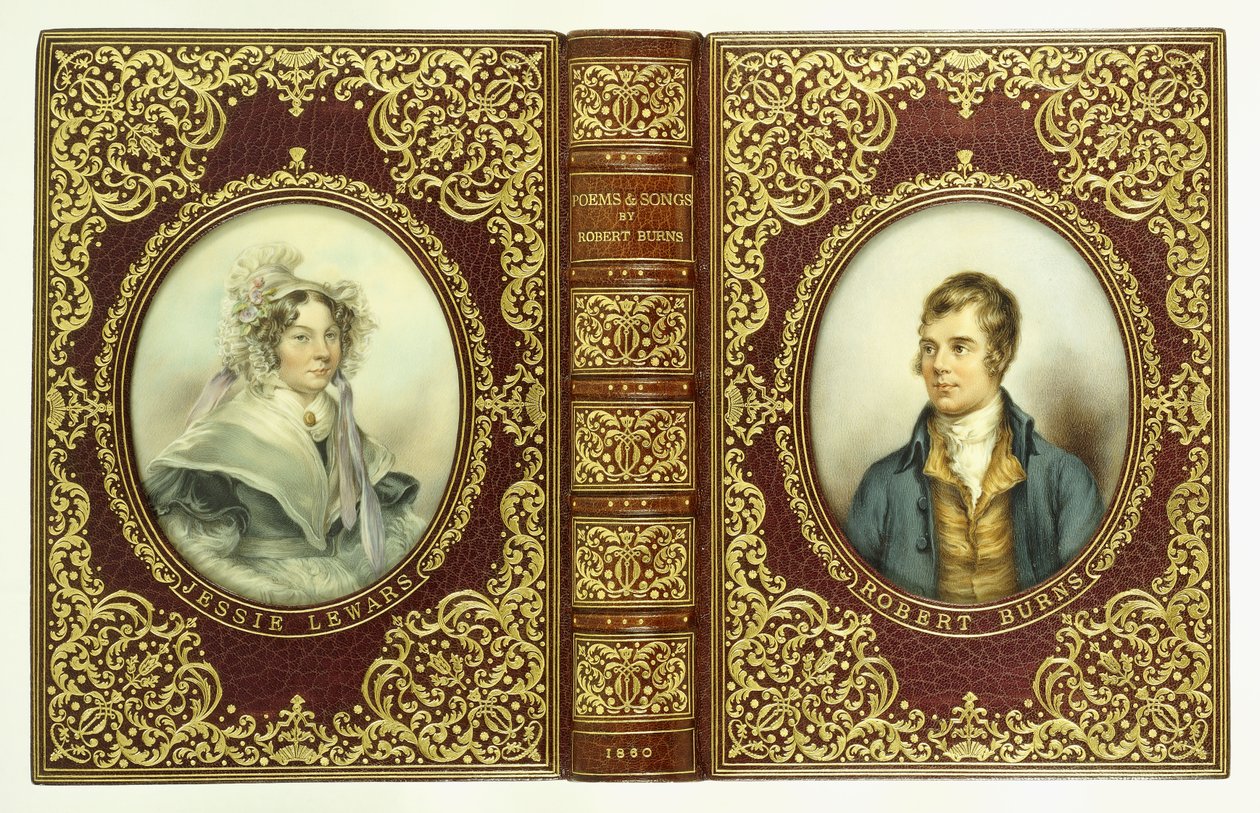 Capas superiores e inferiores, e lombada, com retratos ovais de Robert Burns e Jessie Lewars de English School