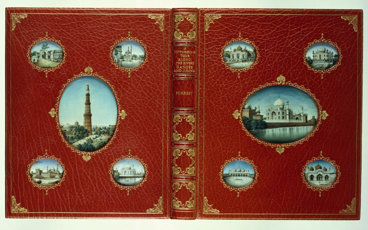 Capas superior e inferior, dez miniaturas ovais de mesquitas, com bordas douradas de English School