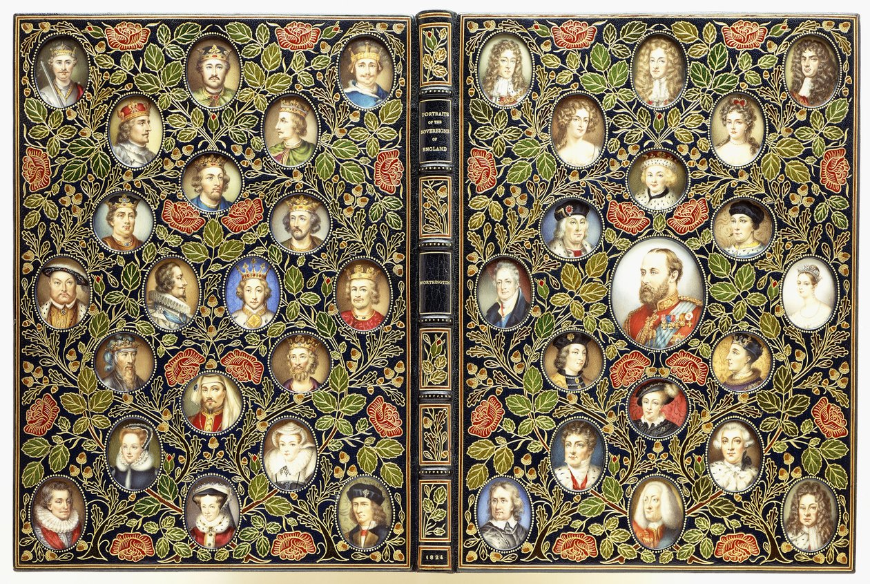 Capas superiores e inferiores com 39 retratos em miniatura de English School