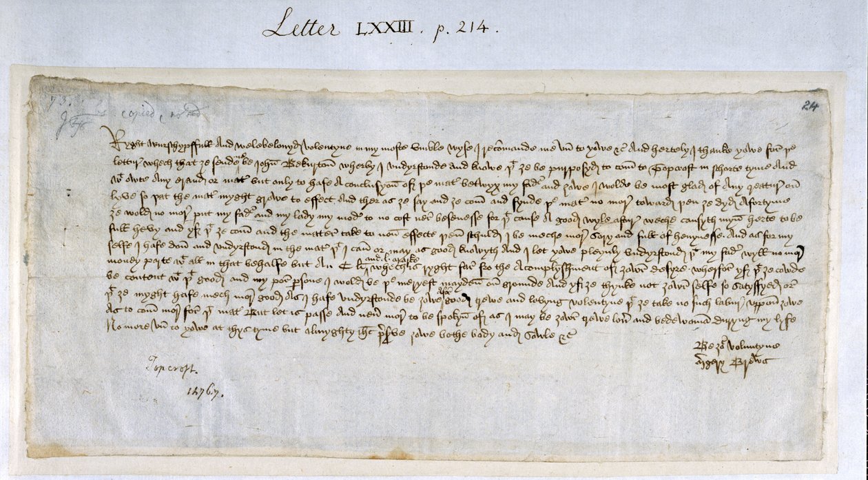 Carta de São Valentim de Margery Brews para John Paston III, fevereiro de 1477 (caneta e tinta no papel) de English School