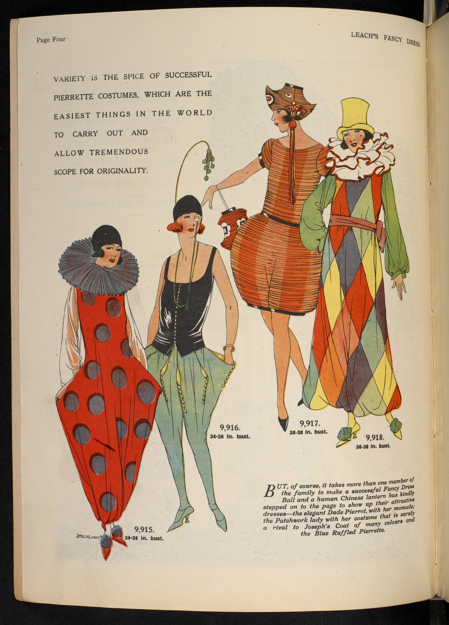 Vários trajes Pierrette, de "Vestido de Lixivia". de English School