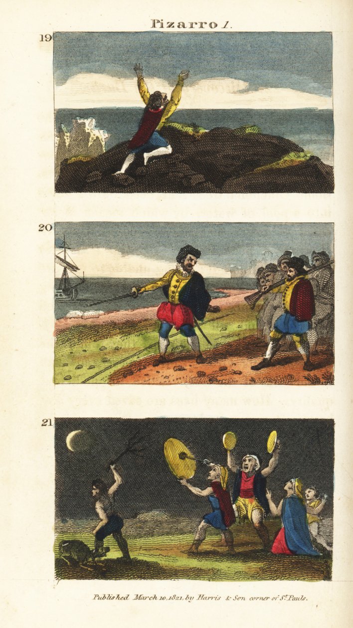 Vasco Nunez de Balboa chegando ao Pacífico 19, Francisco Pizarro separando seus homens por uma linha na areia da Ilha de Gallo 20, e os peruanos com medo de um eclipse lunar 21 de English School