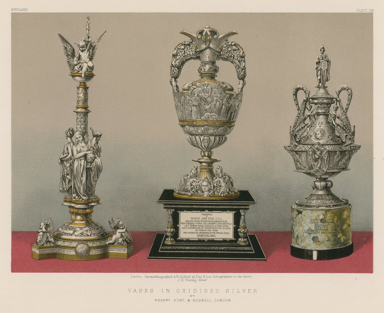 Vasos em prata oxidada dos Srs. Hunt e Roskell, Londres (cromolitografia) de English School